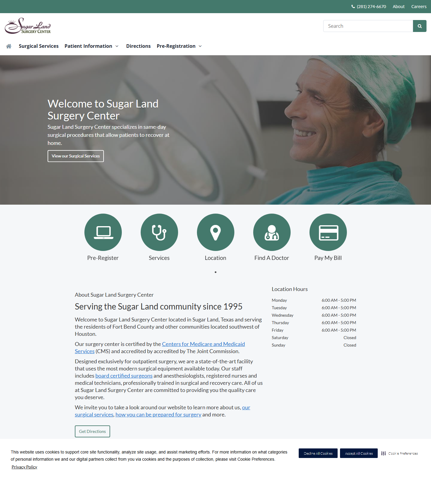 Sugar Land Surgery Center website homepage