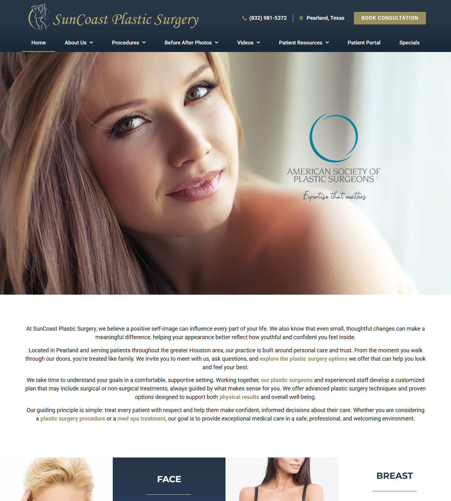 SunCoast Plastic Surgery - Swet Chaudhari, MD — SunCoast Plastic Surgery - Swet Chaudhari, MD website homepage (Pearland, TX plastic & cosmetic surgery)